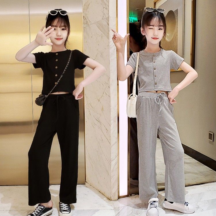 Set Áo Thun Ngắn Tay Và Quần Ống Rộng Thời Trang Mùa Hè Phong Cách Hàn Quốc Mới Cho Bé Gái 3-5-8-10-12 Tuổi