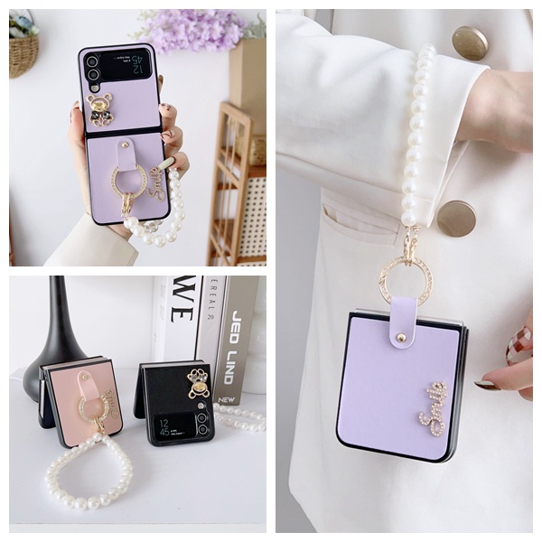 Ốp Điện Thoại Da Cứng Đính Đá Lấp Lánh Gắn Nhẫn Đỡ Hình Gấu Cho Samsung Galaxy Z Flip 3 zflip4 5G