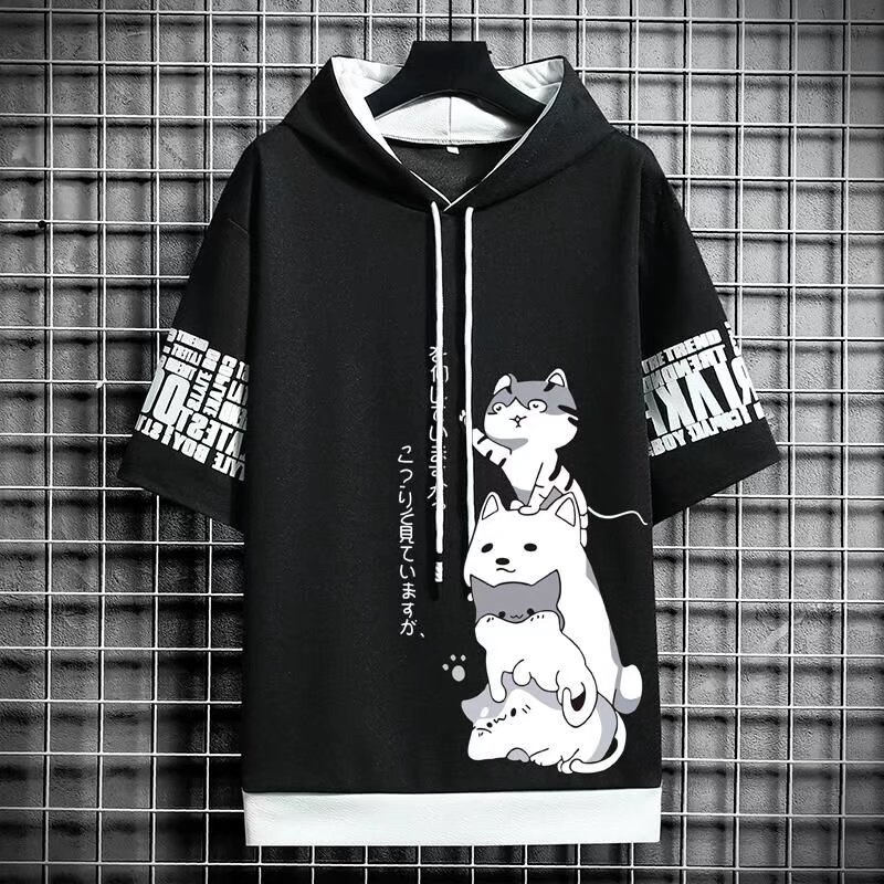Áo Thun Hoodie Tay Ngắn Dáng Rộng Giả Nhiều Lớp In Hình Mèo Dễ Thương Thời Trang Mùa Hè Cho Nam Và Nữ Size S-3XL