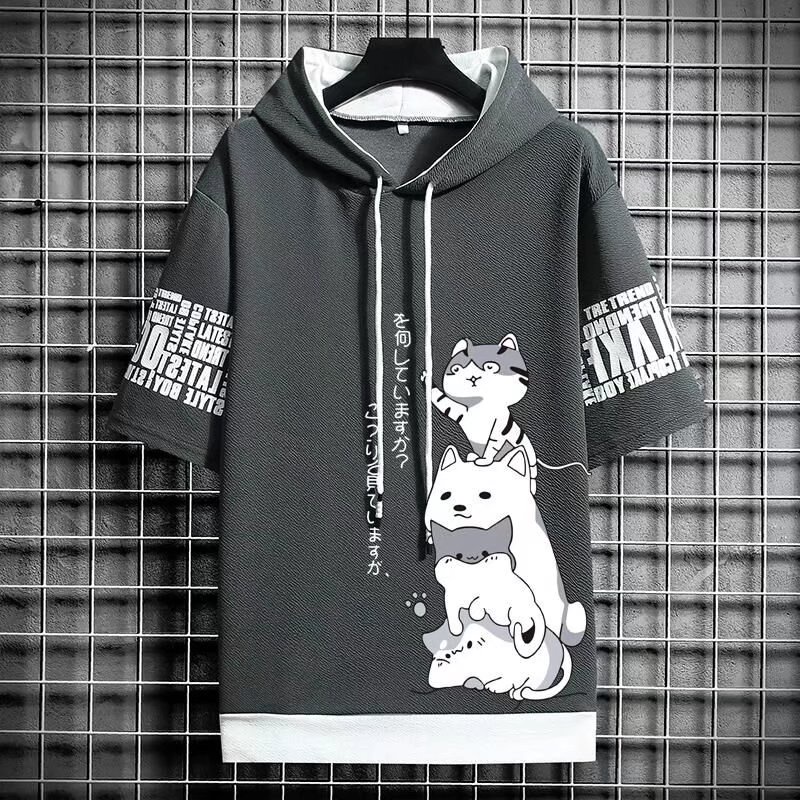 Áo Thun Hoodie Tay Ngắn Dáng Rộng Giả Nhiều Lớp In Hình Mèo Dễ Thương Thời Trang Mùa Hè Cho Nam Và Nữ Size S-3XL