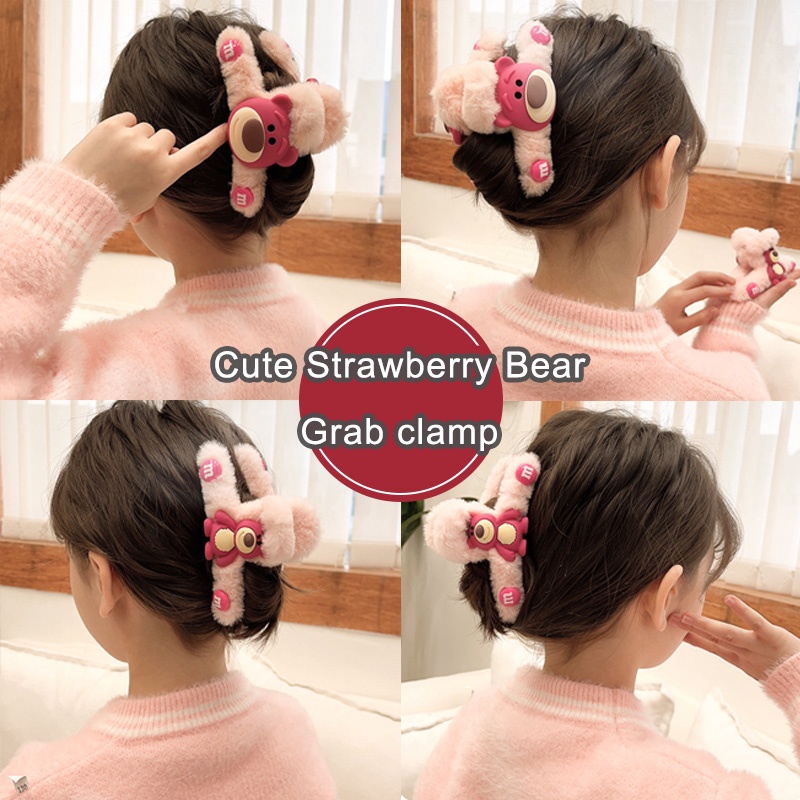 🍓Raspberry🍓 Kẹp Tóc Hình Gấu Dâu Tây Bằng Lông Nhung Thời Trang Thu