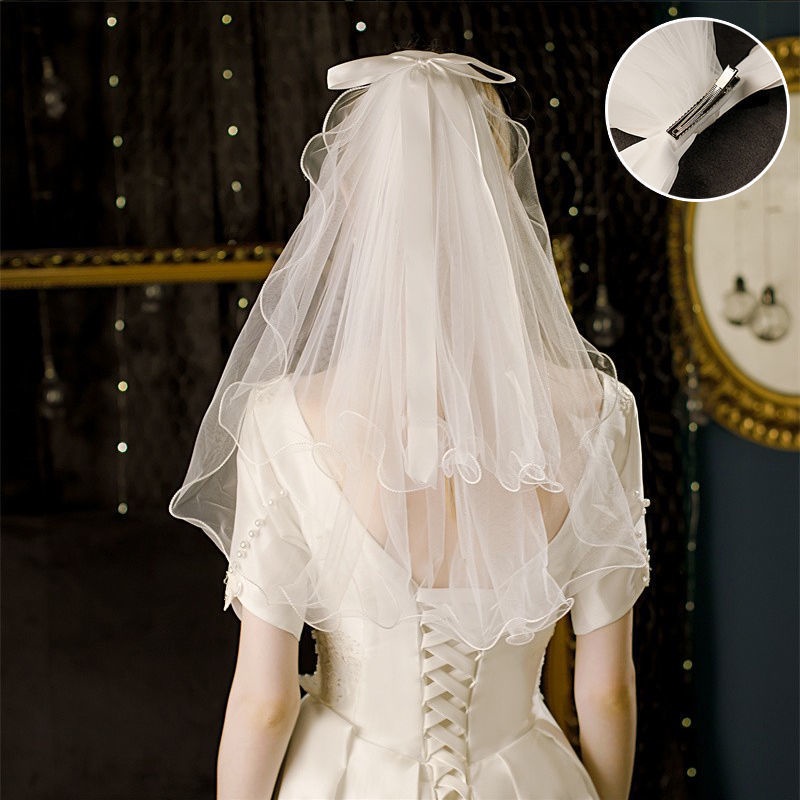 Mạng Che Mặt Đính Nơ Hai Lớp Cho Cô Dâu