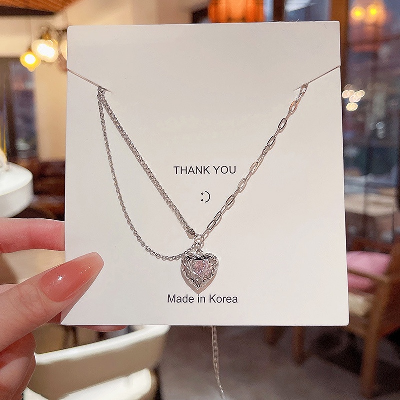 Vòng cổ Mặt Trái Tim Đính Đá Zircon Màu Hồng Phong Cách Mới