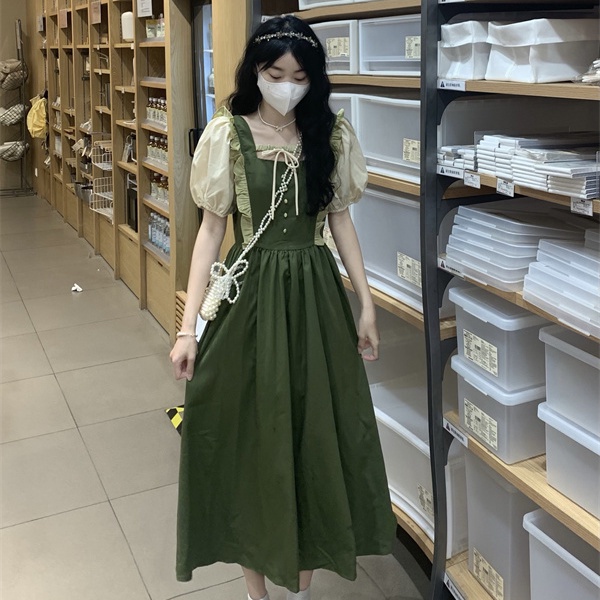 ✨Hàng Có Sẵn Đầm Hàng Có Sẵn✨Set Áo Tay Phồng + Chân Váy Giả Hai Lớp Màu Sắc Tương Phản Phong Cách Hàn Quốc Thời Trang Mùa