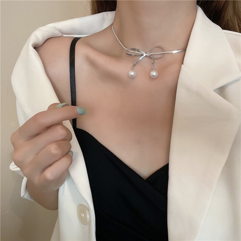 Vòng cổ Bạc Mặt Nơ To Thời Trang Cho Nữ