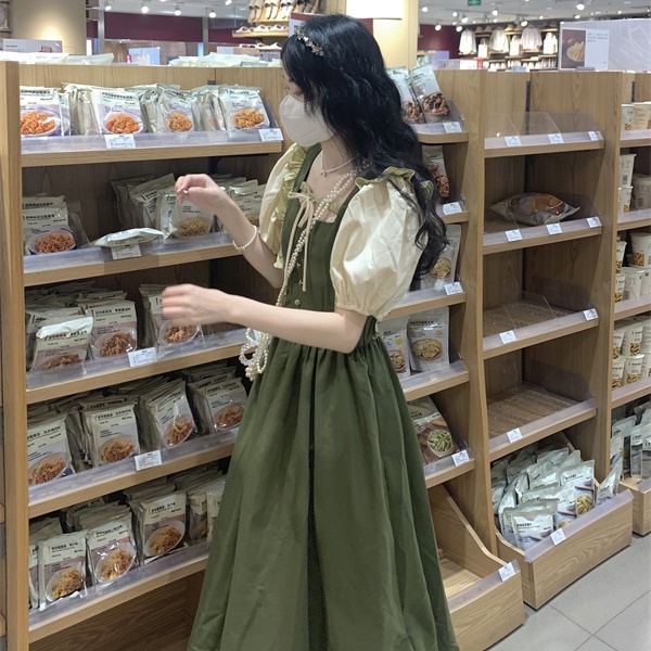 ✨Hàng Có Sẵn Đầm Hàng Có Sẵn✨Set Áo Tay Phồng + Chân Váy Giả Hai Lớp Màu Sắc Tương Phản Phong Cách Hàn Quốc Thời Trang Mùa