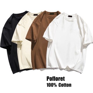 POFLORET màu trơn Áo thun unisex rộng Oversize áo phông nữ 100%Cotton