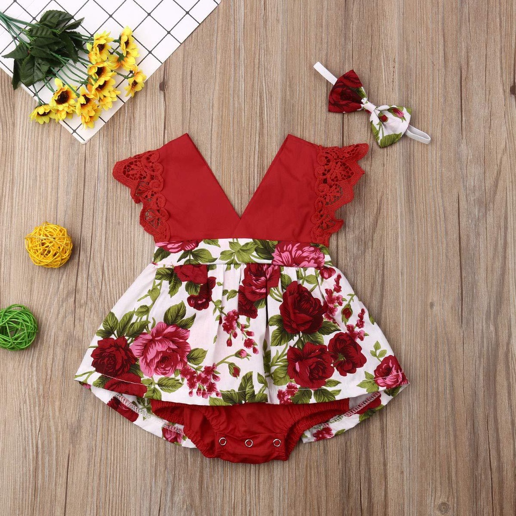 Đầm Liền Thân Tay Ngắn Phối Ren Hoa Hồng Đỏ Dành Cho Bé Gái