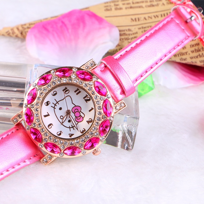 Đồng Hồ quartz Trang Trí Hình Con Mèo Dễ Thương Đính Đá Với Dây Đeo Da KT 428