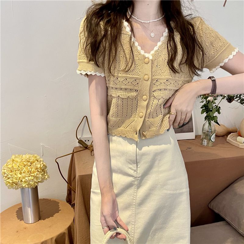 Áo Cardigan Dệt Kim Mỏng Tay Ngắn Cổ Chữ v Thời Trang Mùa Hè Cho Nữ