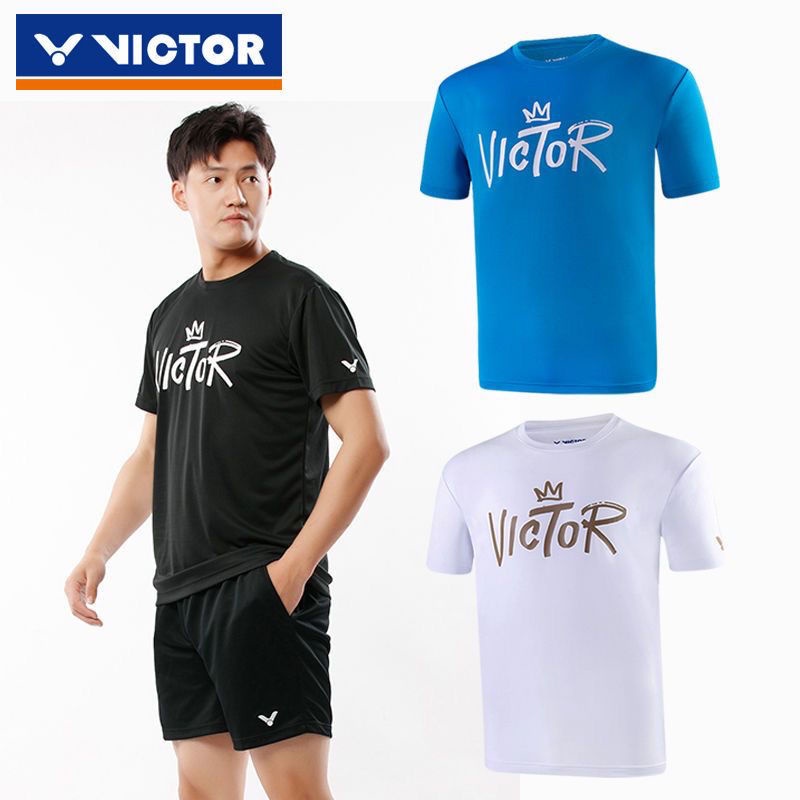 Áo Thun Thể Thao Cầu Lông Ngắn Tay In Logo Victory Màu Trắng Đen Thoáng Khí Nhanh Khô Cho Nam Và Nữ