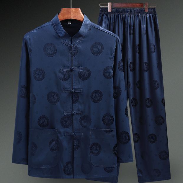 165-190 trang phục Tang nam lụa băng dài tay trang phục sinh nhật ông nội trung niên và cao tuổi bộ đồ bố phong cách Trung Quốc