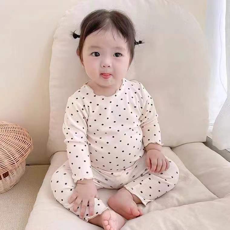 Bộ Đồ Ngủ Hai Mảnh Tay Dài In Họa Tiết Chấm Bi Phong Cách Hàn Quốc Thời Trang Xuân Hè Dành Cho Bé Gái 90-140CM