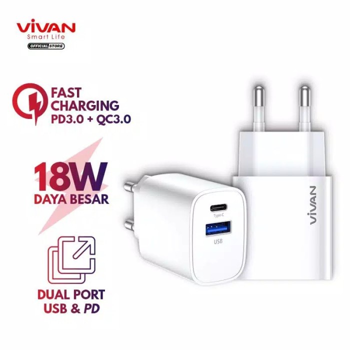 Bộ sạc USB cổng kép VIVAN (QC3.0) & Type-C (PD) 3A 18W Power Turbo