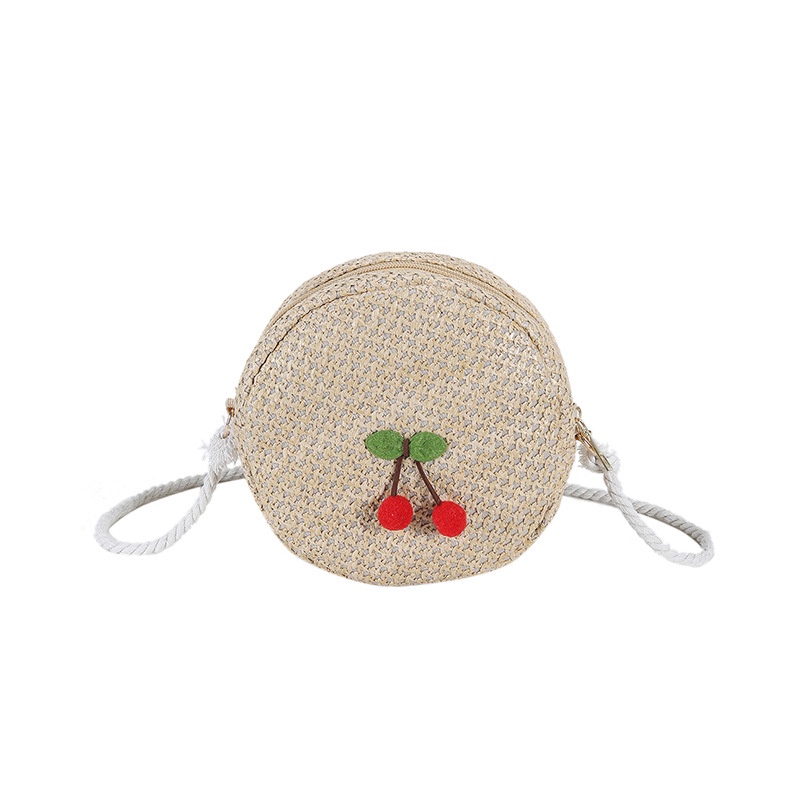 Túi Cói Tròn Màu Trơn Họa Tiết Cherry Thời Trang Mùa Xuân 2023 Cho Nữ