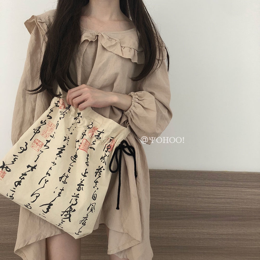 Túi Xách Canvas Cỡ Lớn In Chữ Thư Pháp Phong Cách Trung Hoa Đơn Giản Thời Trang Cho Nữ