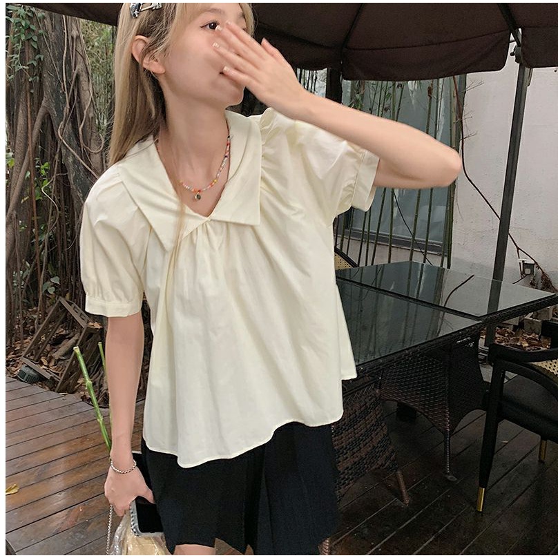 Áo Sơ Mi Cổ Polo Tay Phồng Thời Trang Mùa Hè Hàn Quốc 2023 Dễ Phối Đồ Cho Nữ
