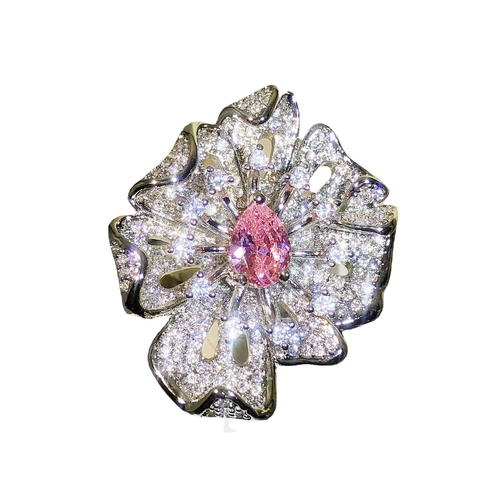 Nhẫn Hở Hình Hoa Đính Đá zircon Màu Hồng Xinh Xắn Cho Nữ