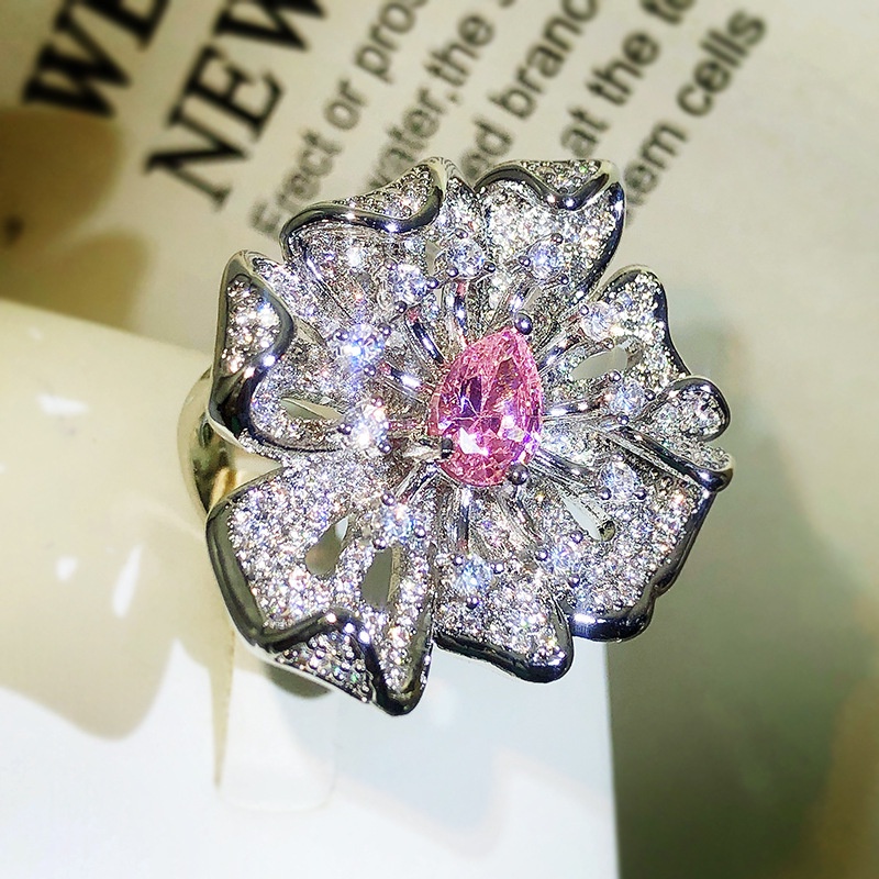 Nhẫn Hở Hình Hoa Đính Đá zircon Màu Hồng Xinh Xắn Cho Nữ