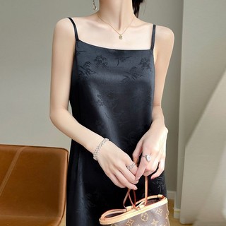 Váy đeo chéo Jacquard màu đen dành cho nữ lụa dâu tằm chính hãng Tính khí cao cấp