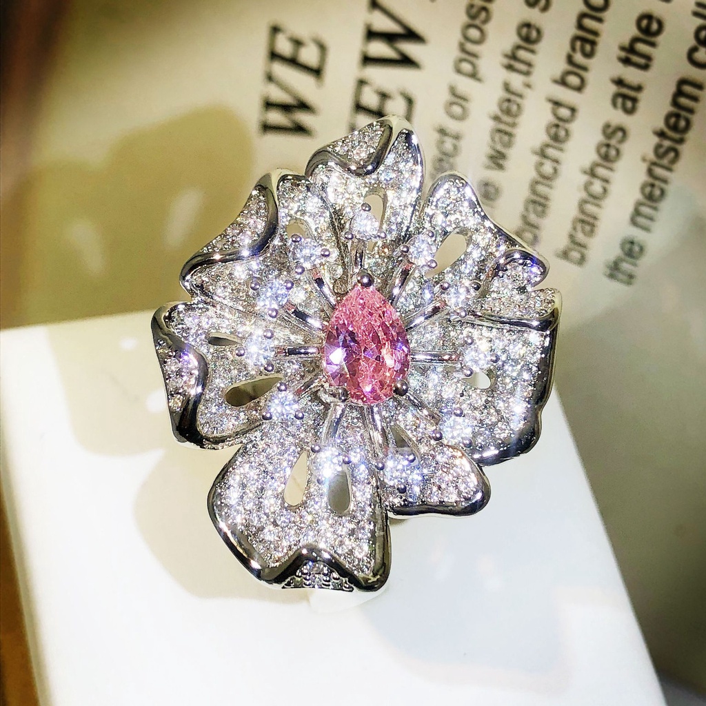 Nhẫn Hở Hình Hoa Đính Đá zircon Màu Hồng Xinh Xắn Cho Nữ