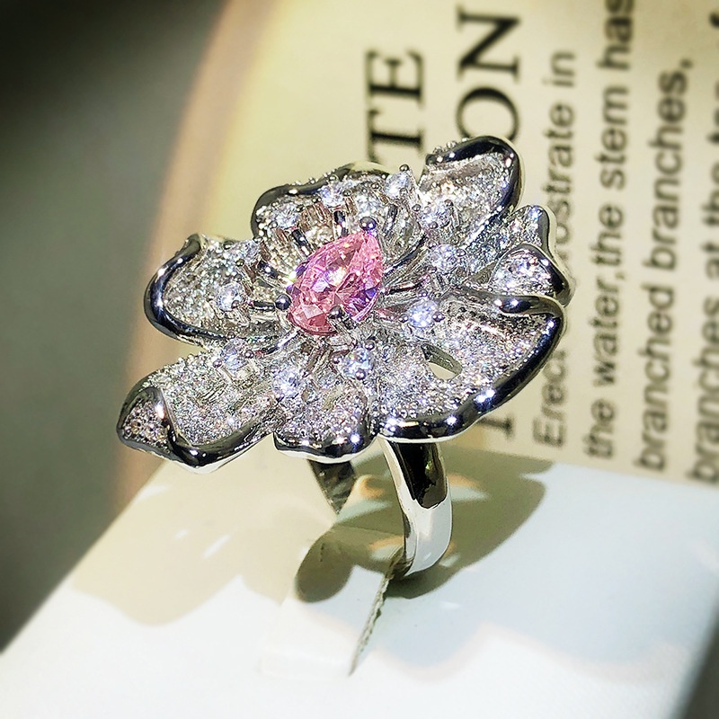 Nhẫn Hở Hình Hoa Đính Đá zircon Màu Hồng Xinh Xắn Cho Nữ