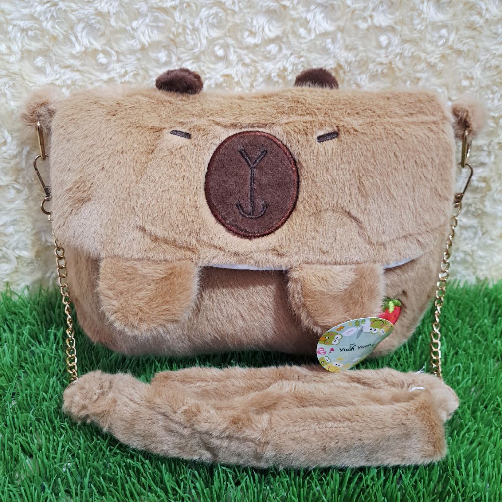 Capybara Nâu Túi Đeo Capybara Mặt Trước Mở Túi Đeo Lông Dây Xích Capybara Lông Túi Đeo Mini Dâu Kẹp