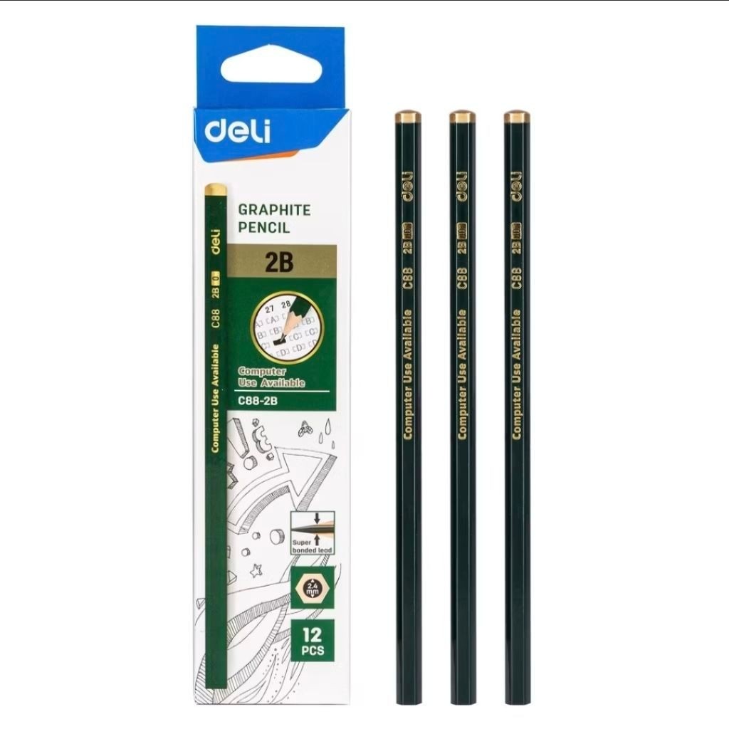 Bút chì than chì Deli 2B EC88-2B (1 gói chứa 12 chiếc) / Bút chì than Deli 2B