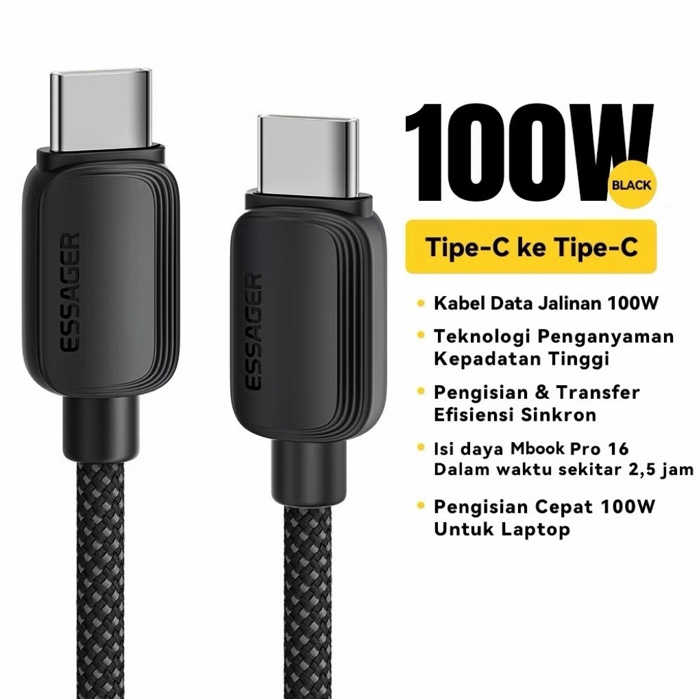 Cáp Type C sang Type C ESSAGER 100W - 5A, Sạc nhanh, Đen