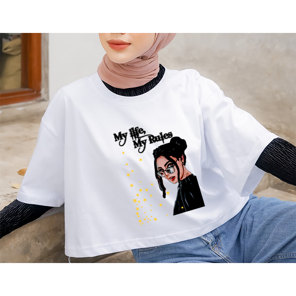 COD ID - My Life My Rules Motif Crop Top / Áo crop top Cotton Oversize dành cho nữ / Áo crop top nữ 