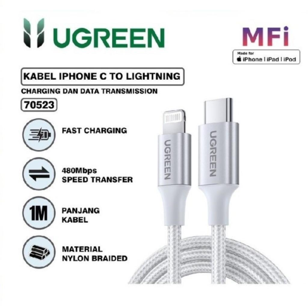 Cáp bện silicon Ugreen 70523 90493 60759 iPhone Type C sang Lightning MFi