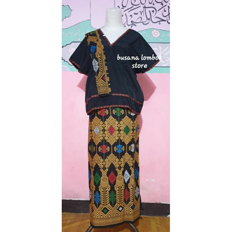 Quần áo truyền thống Lombok NTB, bộ đồ dạ dày, vải in batik songket, bao gồm khăn quàng cổ
