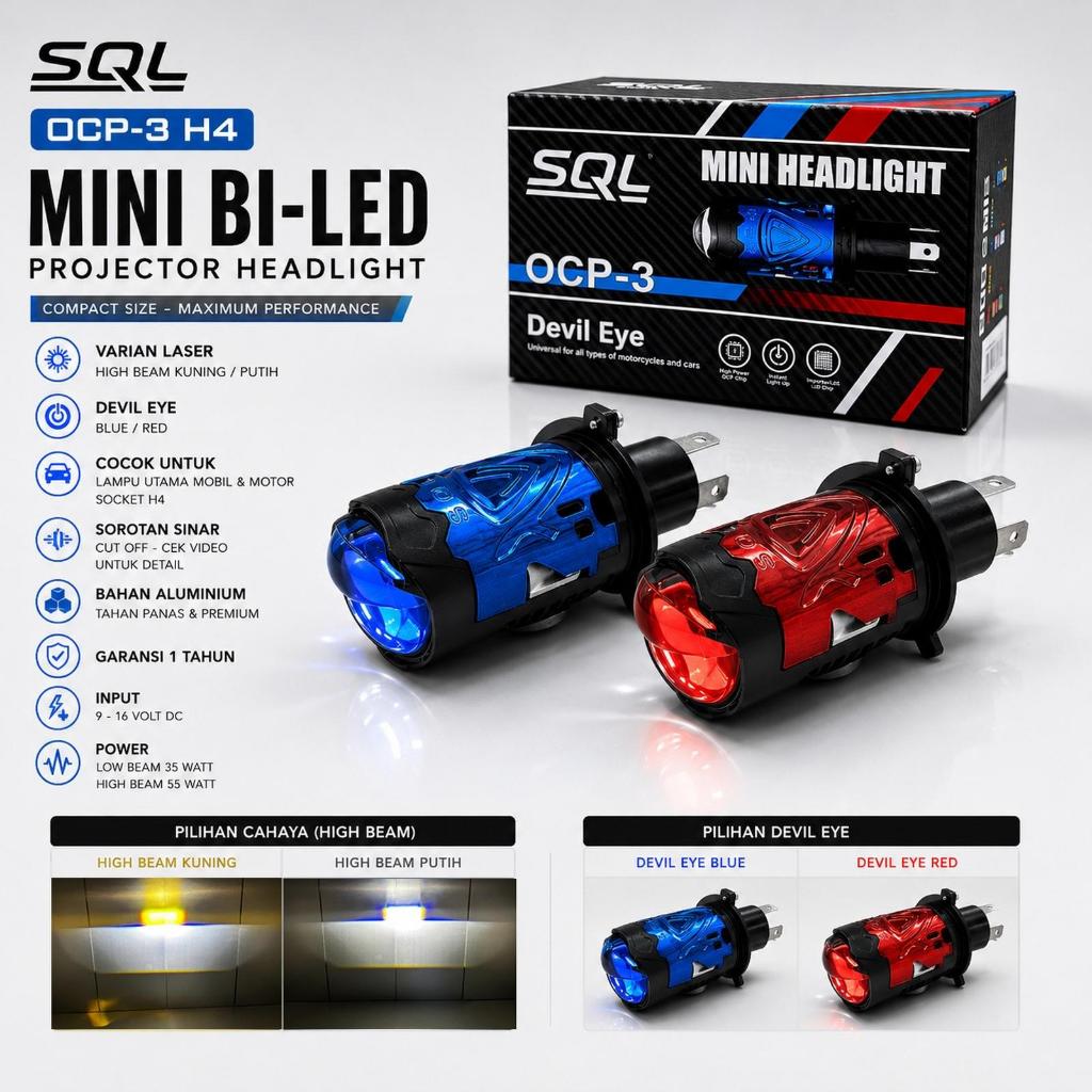 SQL H4 Mini Biled H4 SQL Mini Đèn Pha Devil Laser Trắng Và Vàng