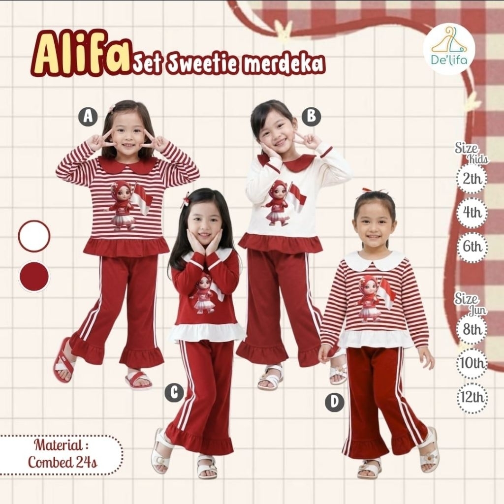 Bộ áo thun Alifa Merdeka Đỏ trắng ngọt ngào Merdeka của De 'lifa minimine
