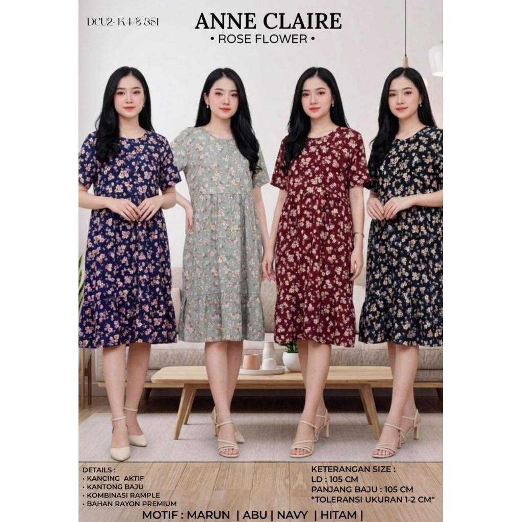 ANNE CLAIRE - Hoa Hồng - Đầm Midi Rayon Cao Cấp - Anne Claire Cao Cấp Rayon Daster Mọi Kích Cỡ