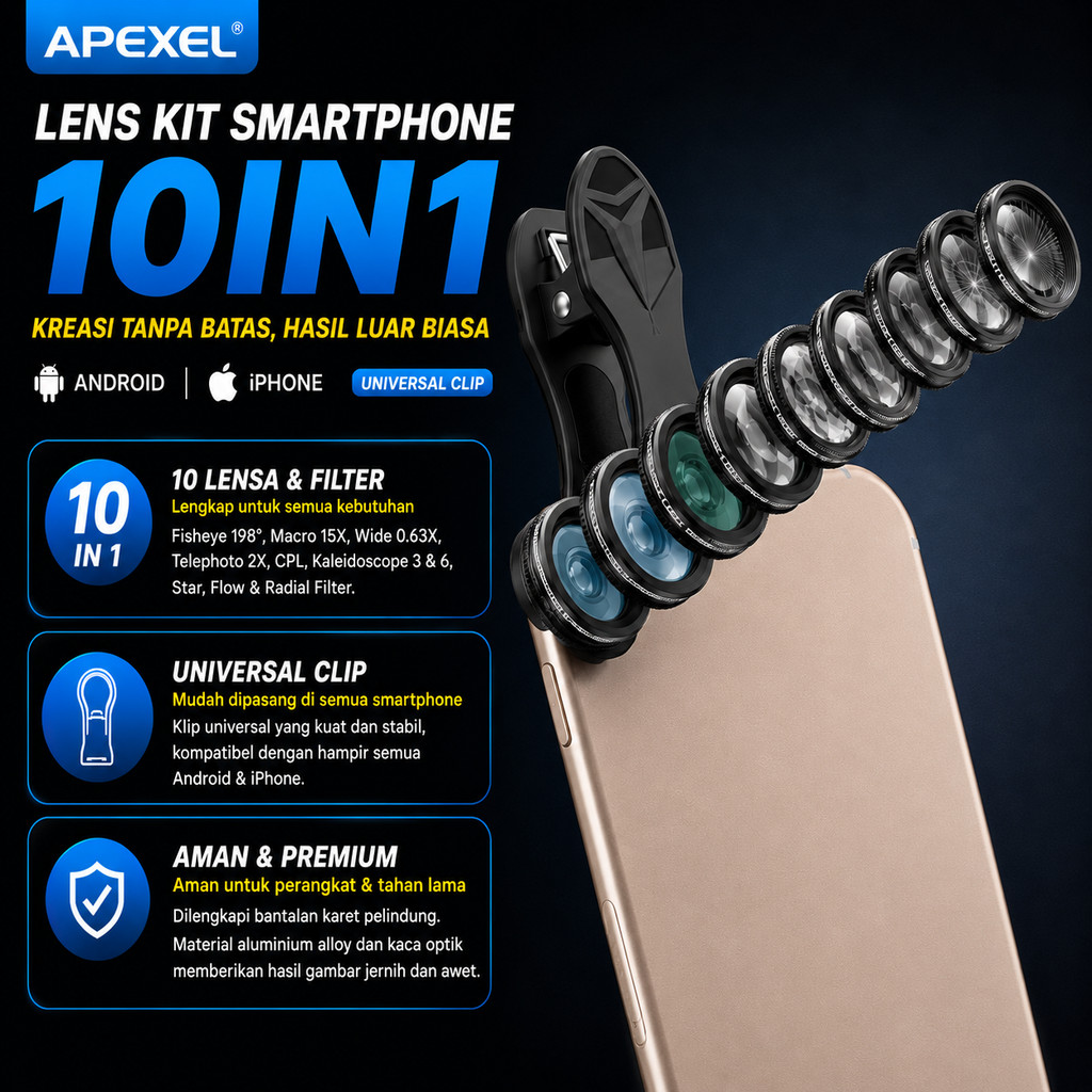 APEXEL 10in1 Fisheye Macro Wide Tele CPL Ống kính máy ảnh lọc Kale - APL-DG10