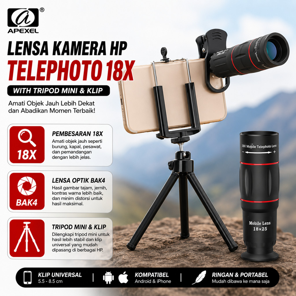 Ống kính máy ảnh Telephoto APEXEL 18X có chân máy và kẹp Mini - APL-T18ZJ