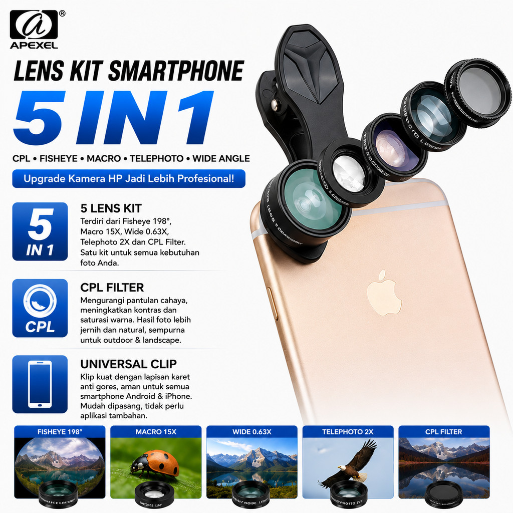 Ống kính máy ảnh góc rộng APEXEL 5in1 CPL Fisheye Macro - APL-DG5H