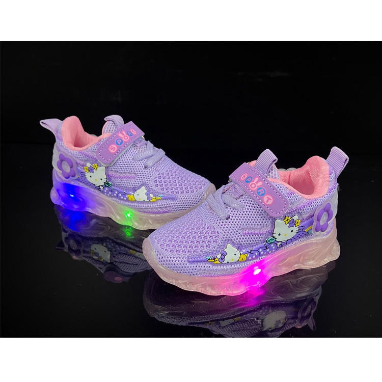 Giày Thể Thao Lưới Thoáng Khí Có Đèn LED Hình Hello Kitty Dễ Thương Cho Bé Gái