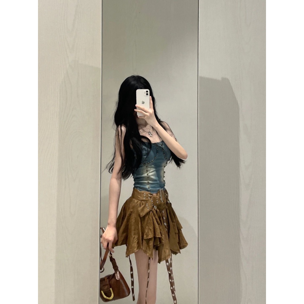 ~ Nữ 2023 Váy Denim Cạp Cao Không Tay Phong Cách Retro Mỹ Hot Girl