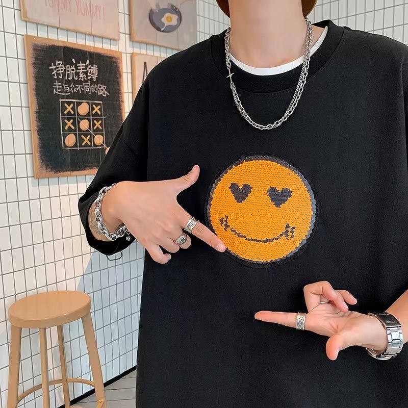 Áo Thun Tay Ngắn In Hình Thời Trang Dành Cho Nam Áo Thun Tay Ngắn In Hình Mặt Cười Đính Kim Sa Thời Trang 2023 Cho Nam