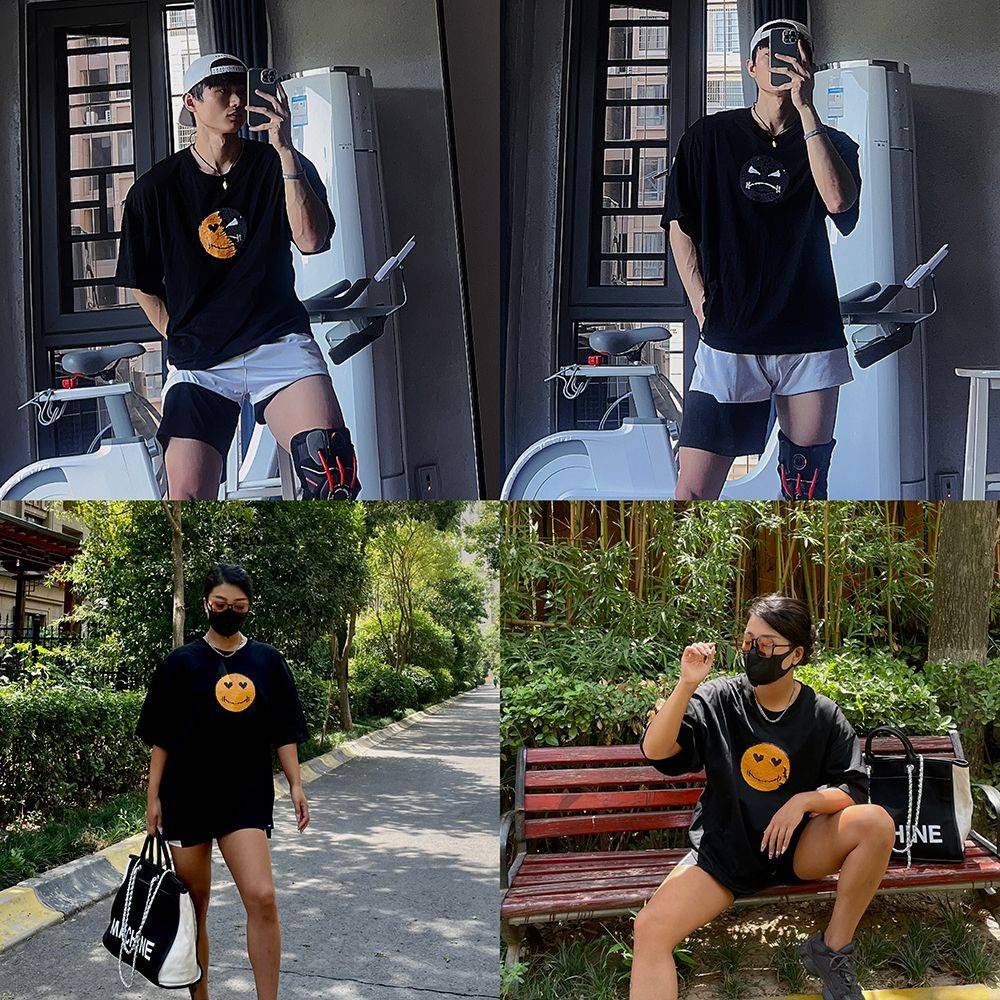 Áo Thun Tay Ngắn In Hình Thời Trang Dành Cho Nam Áo Thun Cotton Tinh Khiết Dáng Rộng In Hình Mặt Cười Thay Đổi Mặt Cảm Xúc Công Nghiệp Nặng Năm 2023