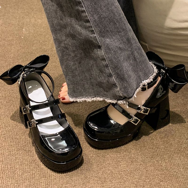 Giày Cao Gót Da Đính Nơ Phong Cách Retro Mùa Xuân 2023 Cho Nữ