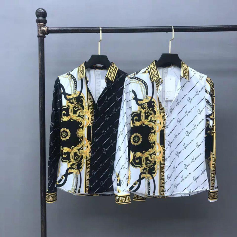 Versace men s long-sleeved shirt phong cách tòa án châu âu và mỹ áo sơ mi in hình cổ điển tạo mẫu tóc phong cách hàn quốc slim inc