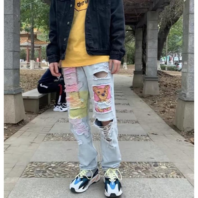 Drew Quần Jean Rách Gấu Bông Phong Cách Đường Phố Thường Ngày Cho Nam Và Nữ