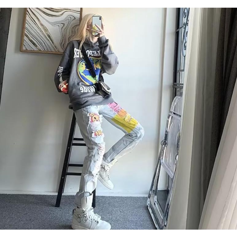 Drew Quần Jean Rách Gấu Bông Phong Cách Đường Phố Thường Ngày Cho Nam Và Nữ