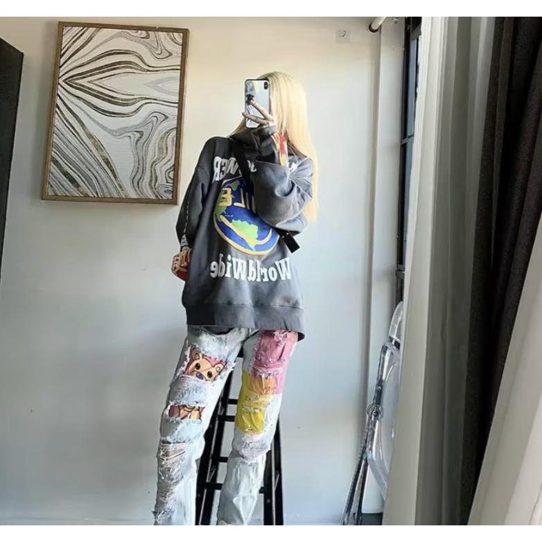 Drew Quần Jean Rách Gấu Bông Phong Cách Đường Phố Thường Ngày Cho Nam Và Nữ