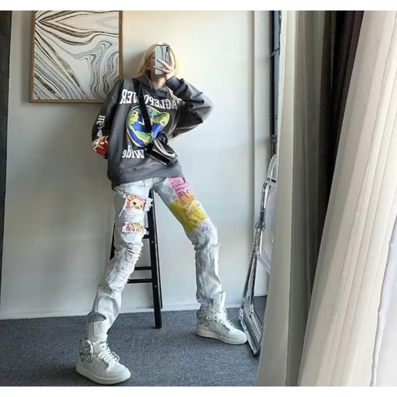 Drew Quần Jean Rách Gấu Bông Phong Cách Đường Phố Thường Ngày Cho Nam Và Nữ