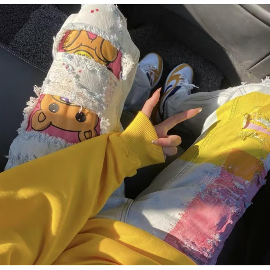 Drew Quần Jean Rách Gấu Bông Phong Cách Đường Phố Thường Ngày Cho Nam Và Nữ