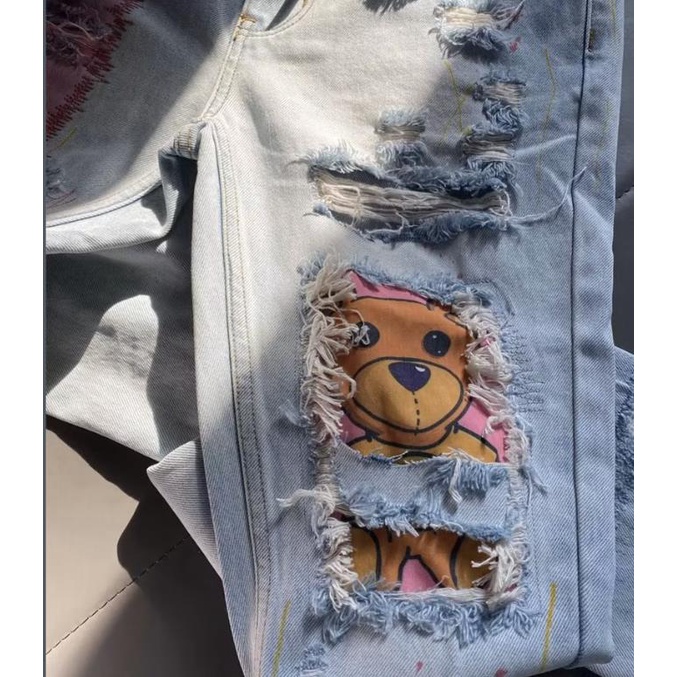 Drew Quần Jean Rách Gấu Bông Phong Cách Đường Phố Thường Ngày Cho Nam Và Nữ